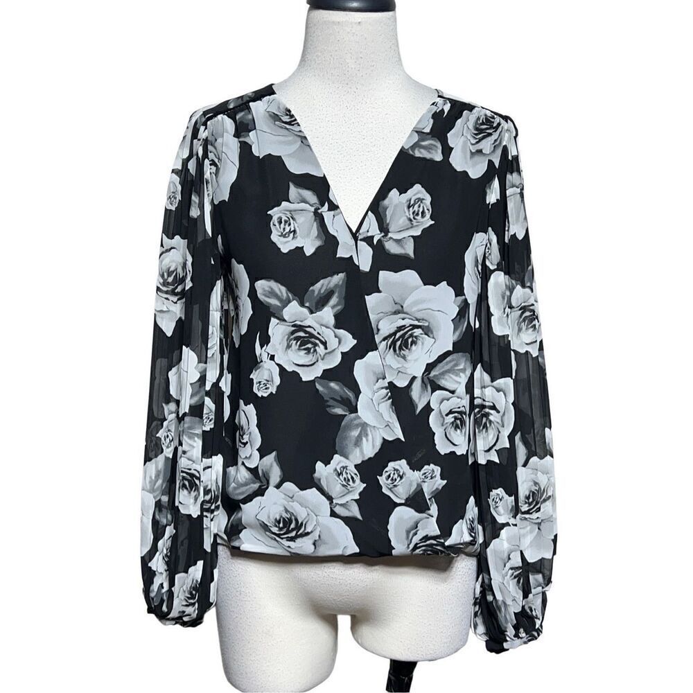 White House Black Market WHBM Silky Floral Balloon Sleeve Blouse Size 0